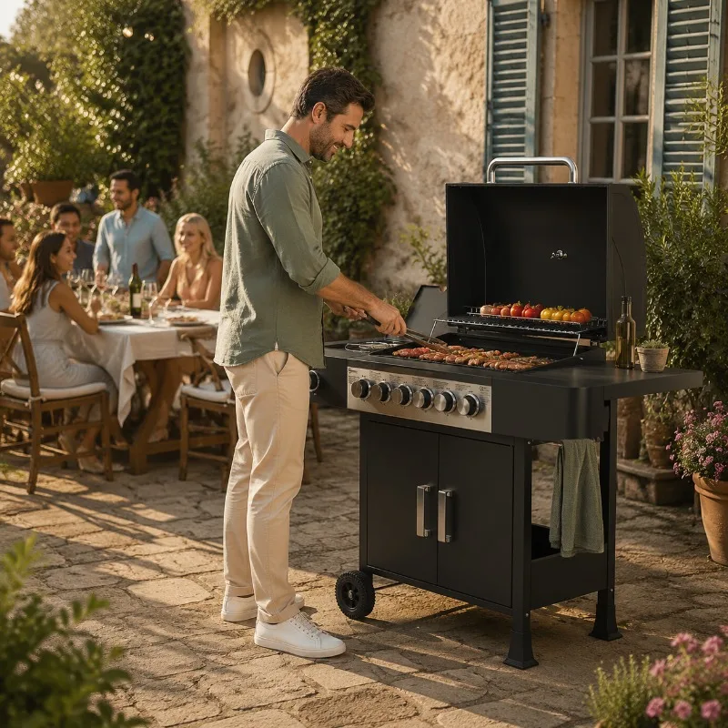 Barbecues à gaz en acier inoxydable 6 brûleurs avec chariot à roulettes latéral, thermomètre, grille émaillée pour extérieur, patio, jardin, cour arrière, pique-nique, été, Jour de l'Indépendance, 4 juillet, cadeau pour les hommes, papa, famille