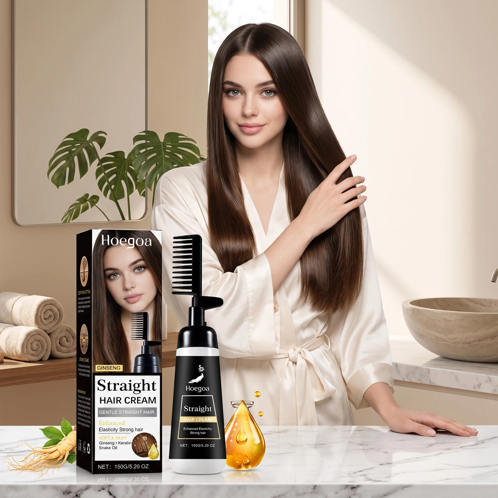 Straight Hair Cream Built-In Comb One Step Hair Straightening Cream Smooth Frizzy Curly Hair Ginseng Keratin Straightening Hair