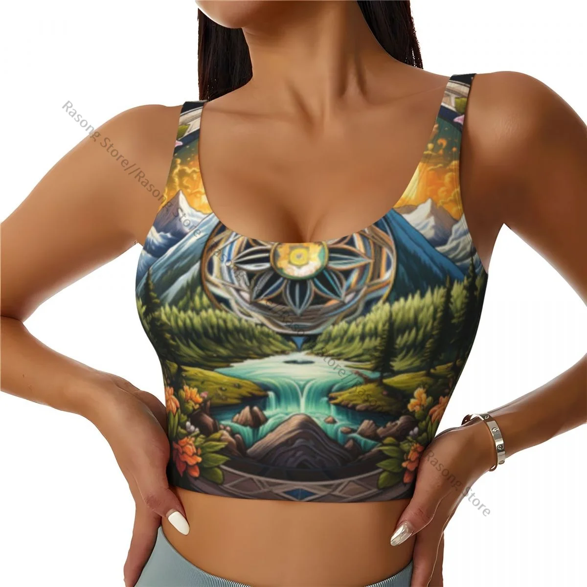 Yoga Vest Women Gym Sports Crop Tops Mountain Landscape With Lake Sun And Flowers Streetwear Workout Breathable Tank Top Female