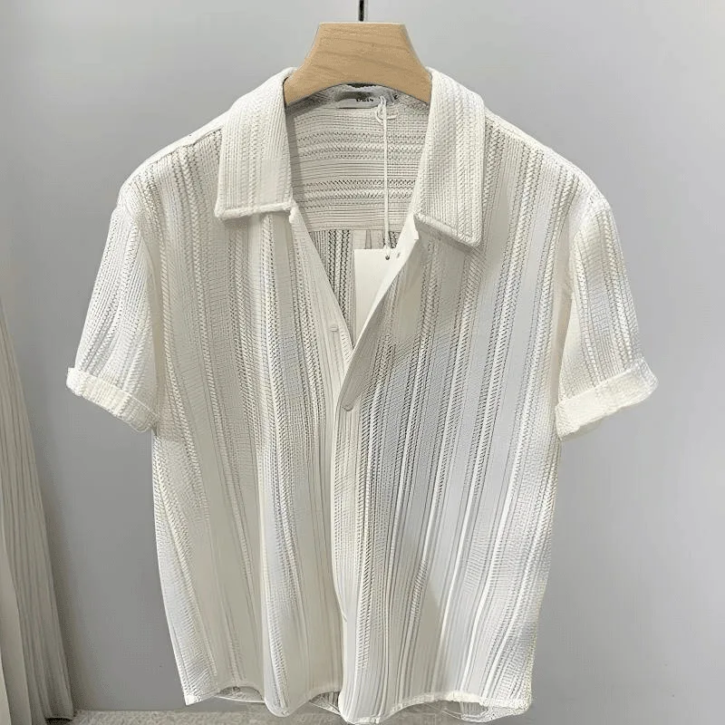 New High-end Hollow Lapel Short-sleeved Men's Shirt Summer Thin Loose Shirt Men's Casual Top Temperament Fashion Individuality