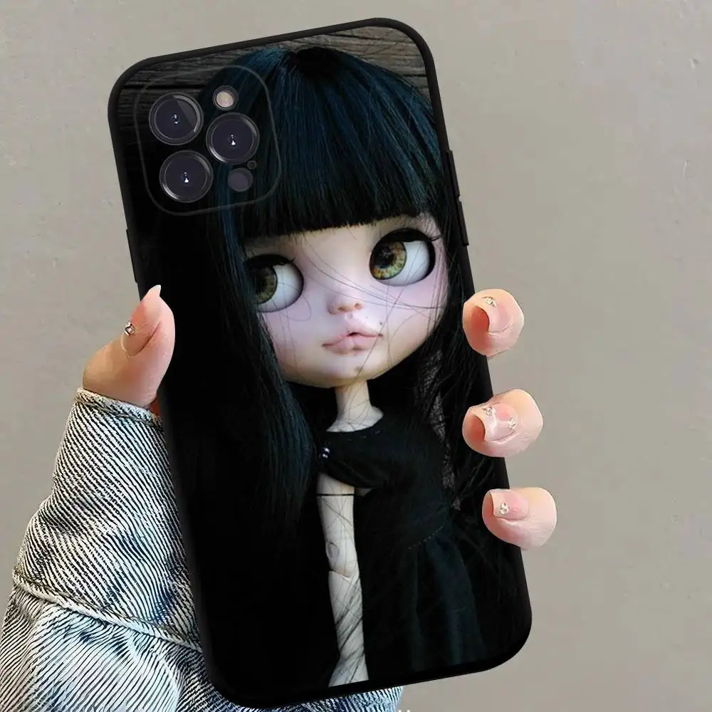 Dark Cute Girl Doll  Black Matte Phone Case For iphone 17 Air 16 15 14 13 12 11 Pro Max Plus Back Cover TPU Soft Case
