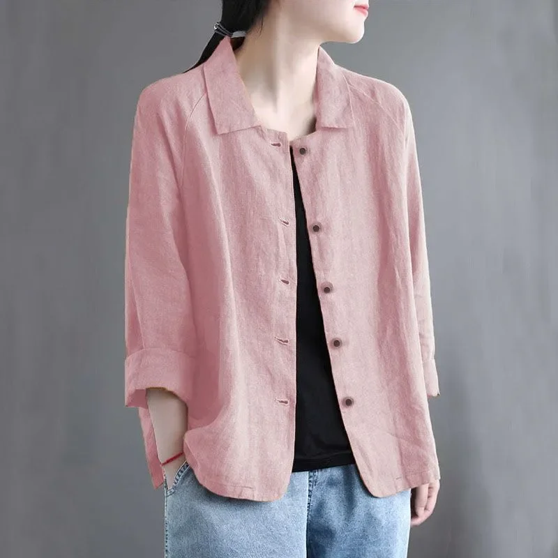 

Women's Linen Blend Button Down Shirt Lapel Collar 3/4 Sleeve Loose Fit Casual Blouse