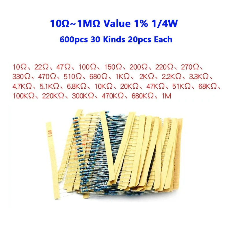600pcs 30 Kinds 10Ω~1MΩ Value 1% 1/4W Metal Film Resistor Assorted Kit 20pcs Each Value with samples pack
