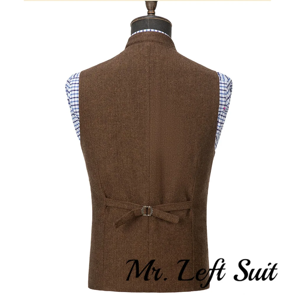 Men\'s Suit Vest Herringbone Wool Tweed Stand-up Collar Slim Fit Waistcoat Groom Costumes Clothing For Men Wedding Vest