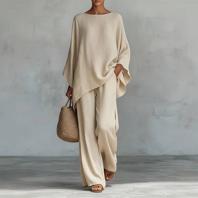 B 2026 Autumn  Fashion Women's Clothing New 2 Piece Set Temperament Elegant Irregular Top Solid Color Loose Trousers Set