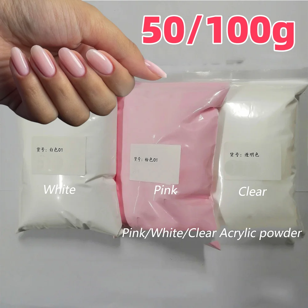 Polvo acrílico para uñas, pigmento para uñas rosa/claro/blanco, polvo de cristal de polímero 3 en 1 para tallar/extensiones, polvo de inmersión para manicura, 50/100g