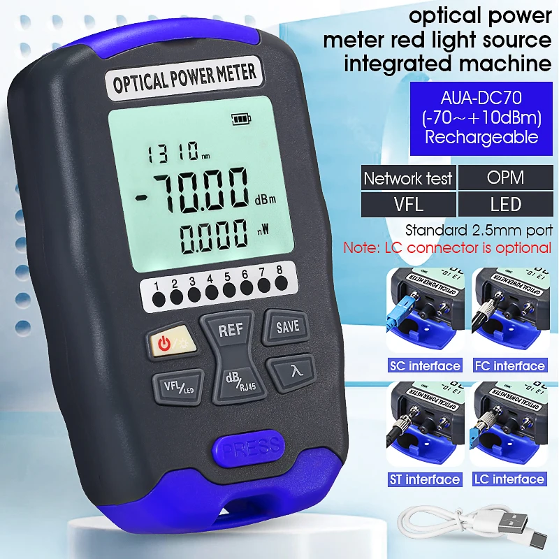 COMPTYCO AUA-DC70 Optical Power Meter Visual Fault Locator All-in-one OPM+VFL FTTH Rechargeable Mini Fiber Optic Cable Tester