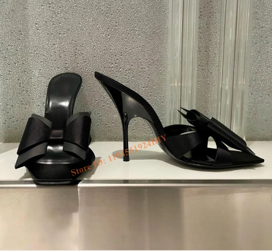 

7 and 9Cm Heeled Black Satin Big Bowtie Knot Mules Abnormal Heeled Sandals Women Slip On Muller High Heel Square Toe Sexy Shoes
