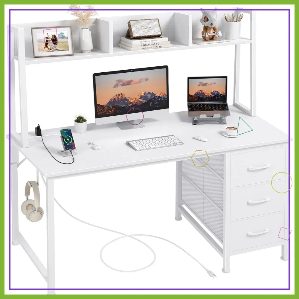 Bureau d'ordinateur moderne blanc de 47 pouces avec huche, tiroirs et prises de courant pour bureau à domicile ou salle d'étude