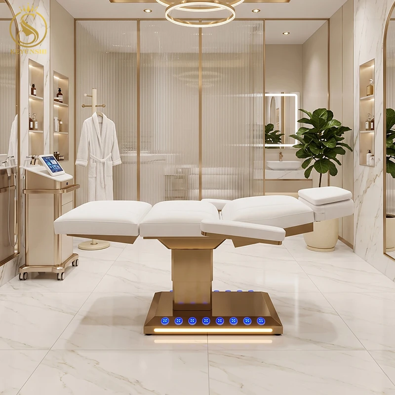 4 Motor Electric Beauty Chair Gold Base PU Leather Tattoo Bed Adjustable Facial Bed with LED Foot Control for Salon Spa Clinic