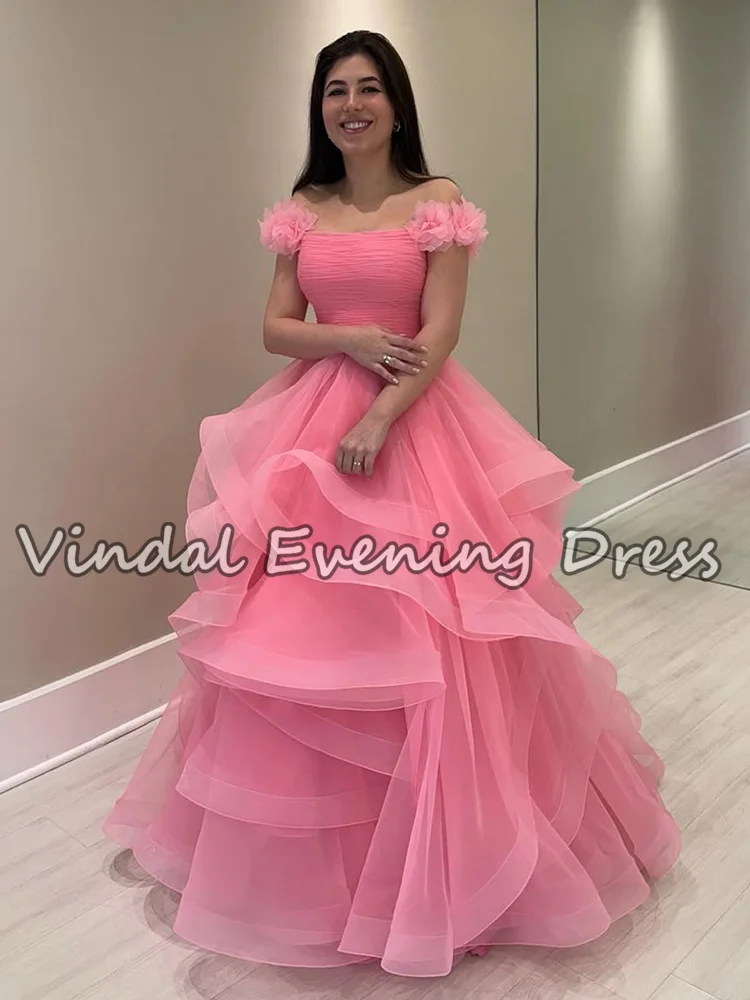 Vindal طويل الكشكشة فساتين لحضور الحفلات الموسيقية مطوي تول خارج الكتف الوردي المرأة مساء فستان فاخر رسمي خاص حفلة ثوب مخصص
