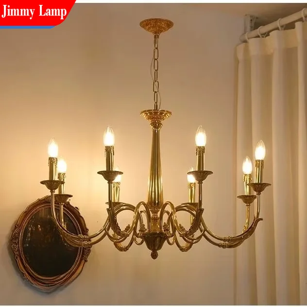 French retro simple villa chandelier living room bedroom dining candle lamps European style American light luxury all-copper lig