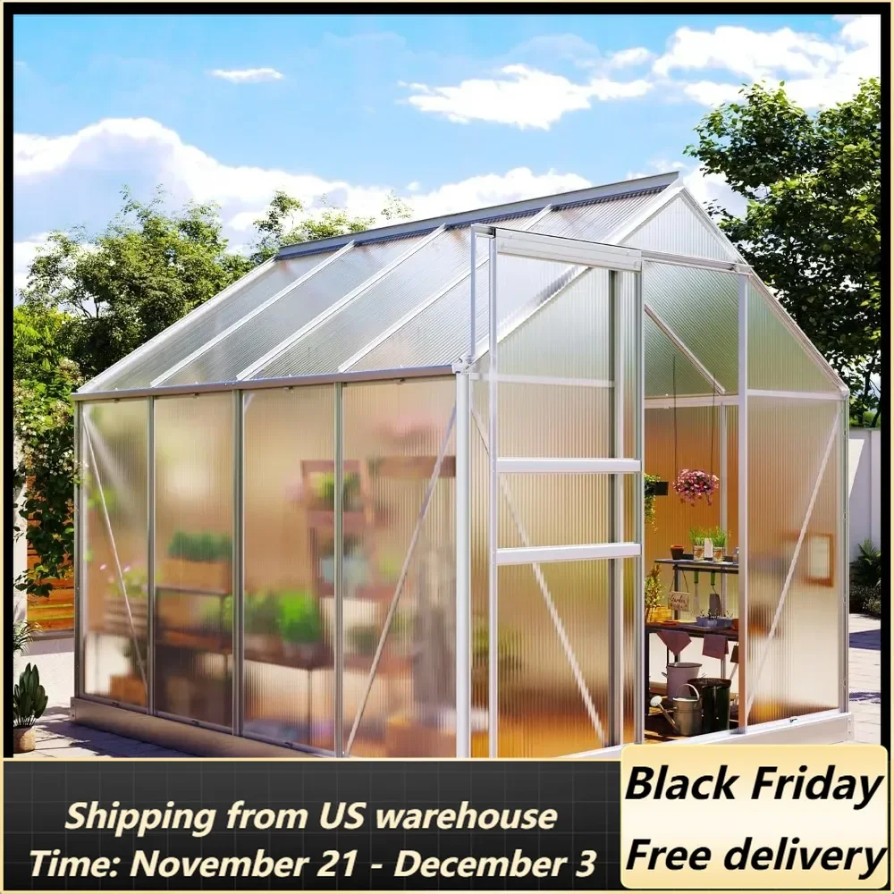 

Polycarbonate Greenhouse, Heavy Duty Walk-in Aluminum Greenhouse for Outdoors, with Ventilation Window, Sliding Door, Rain