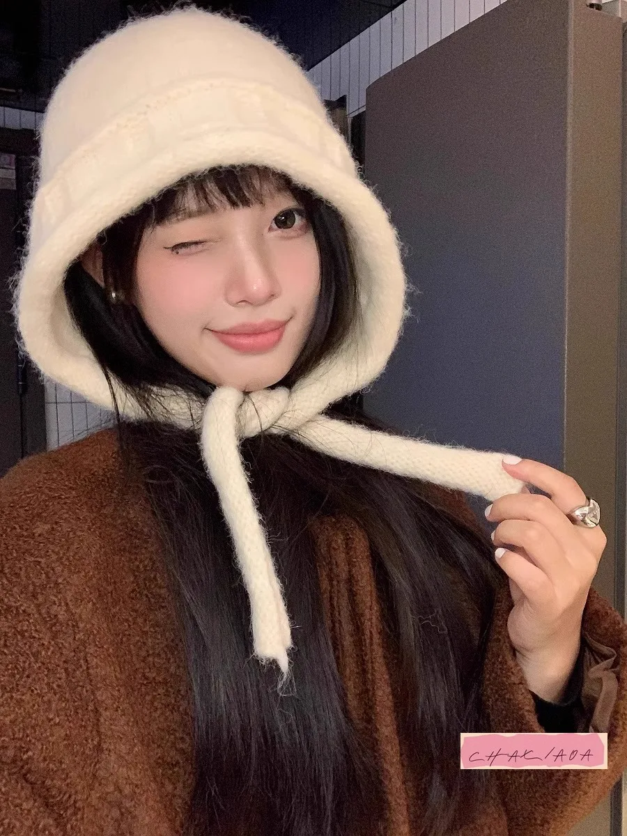 旅行風ショーフェイススモールウールプルオーバーハットブルーリアスプリットデザインストラップニットプラッシュウィザードハット女性秋冬