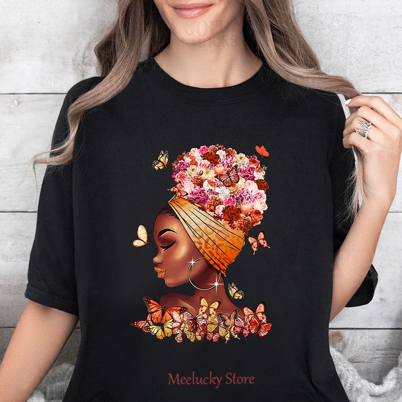 

100% Cotton Women T-shirts Afro Black Girl Butterfly Black Woman Printing Tee Shirts O-Neck Short Sleeves Clothes Female Tops