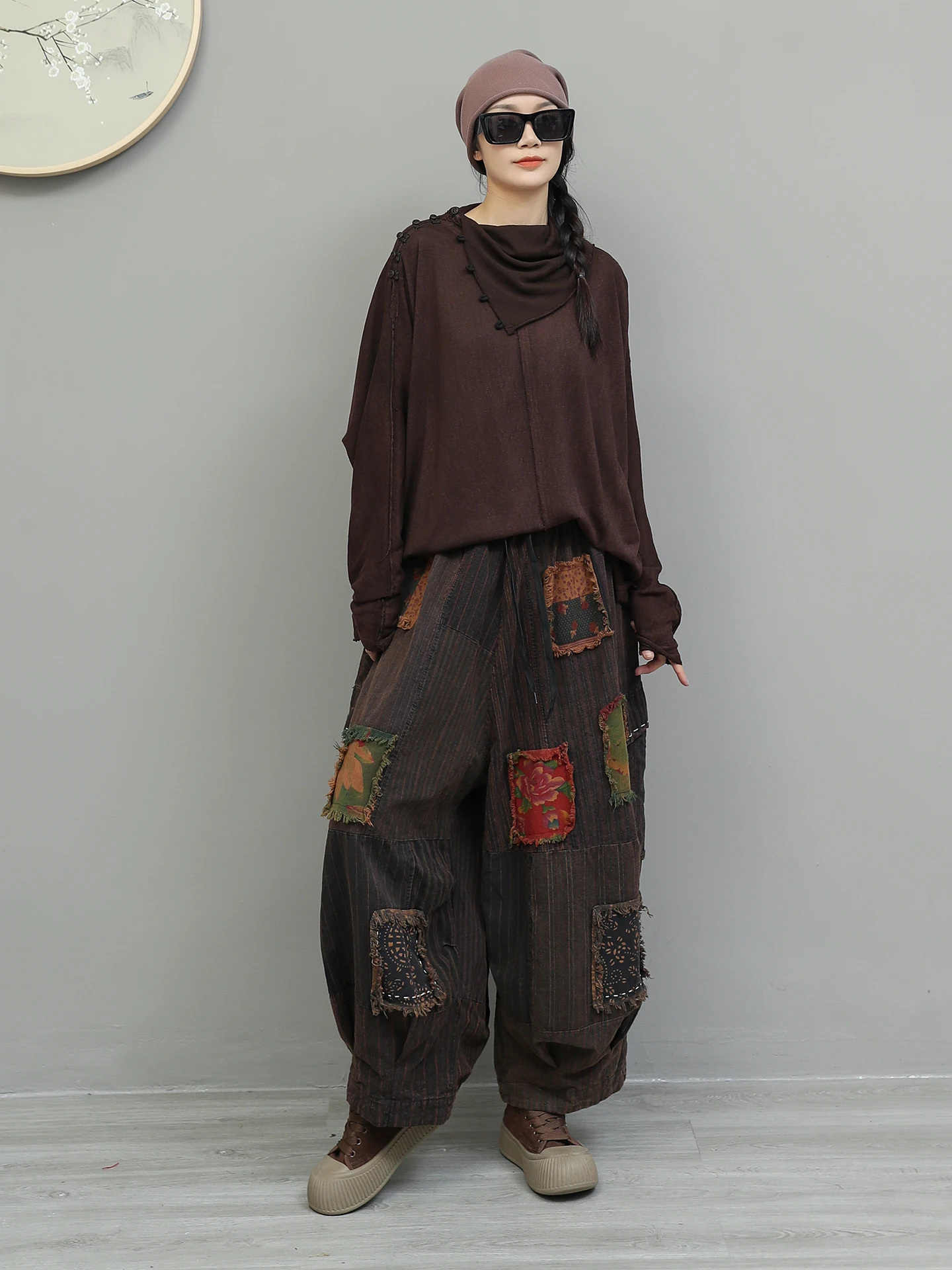 Retro Distressed Multi-button Pile Collar Bat Sleeve Sweatshirt Baggy Trousers Two-piece Set Women's Autumn Casual Suit