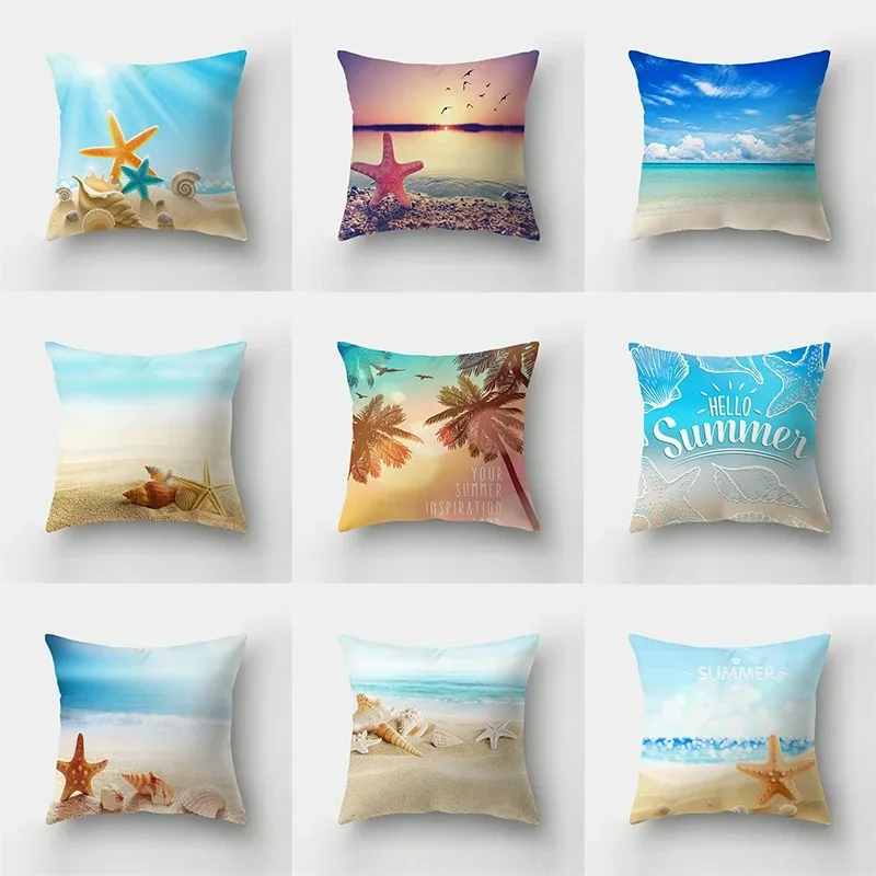 

Home Pillowcase Square Office Decoration Cushion Cover Summer Sea World Starfish Conch Pattern Decoration