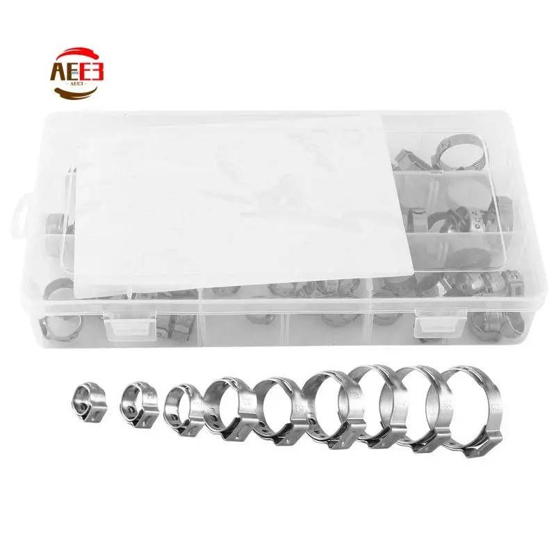 AEE3-Stainless Steel Single Ear Hose Clamp, 80Pcs 6-23.6Mm Crimp Hose Clamp Assortment Kit Ear Stepless Cinch Rings Crimp Pinch