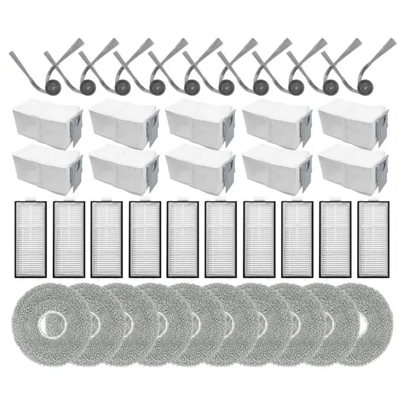 

Запасные части для робота-пылесоса Dreame Bot L10s Plus RLL42SD: основная и боковые щетки, HEPA-фильтр, салфетка для влажной уборки, мешки для сбора пыли.