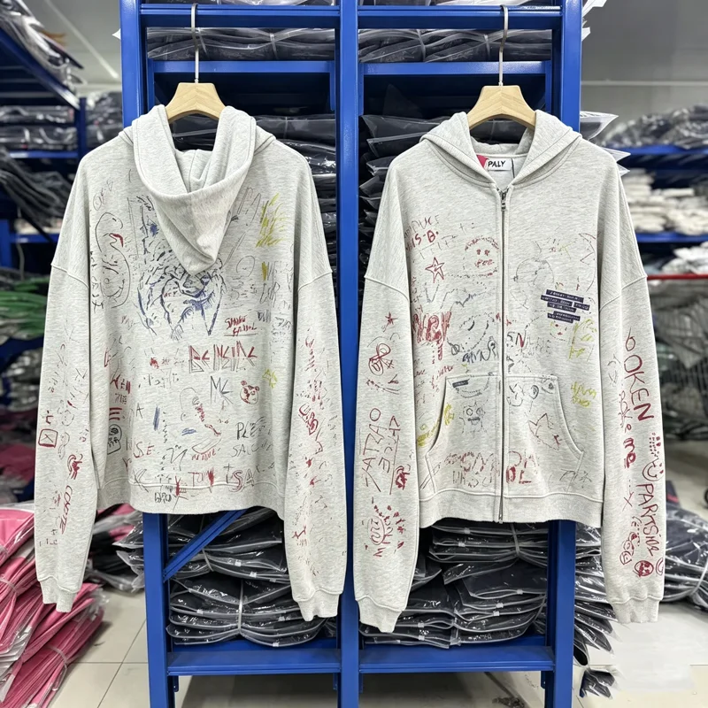 Double Zipper Cartoon Text Graffiti Graphic Paly Hoodie Men Women Dropped Shoulder Sweatshirts Loose Streetwear Cotton Pullovers
