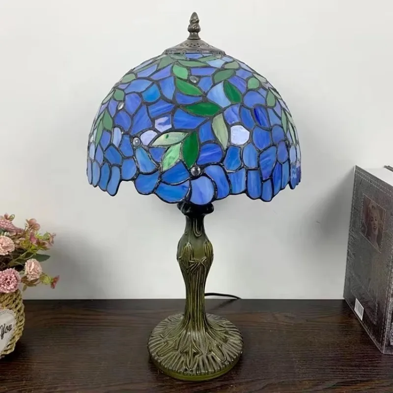 

European handmade lamp, stained glass classic 12 inch blue wisteria style, retro home desk lamp