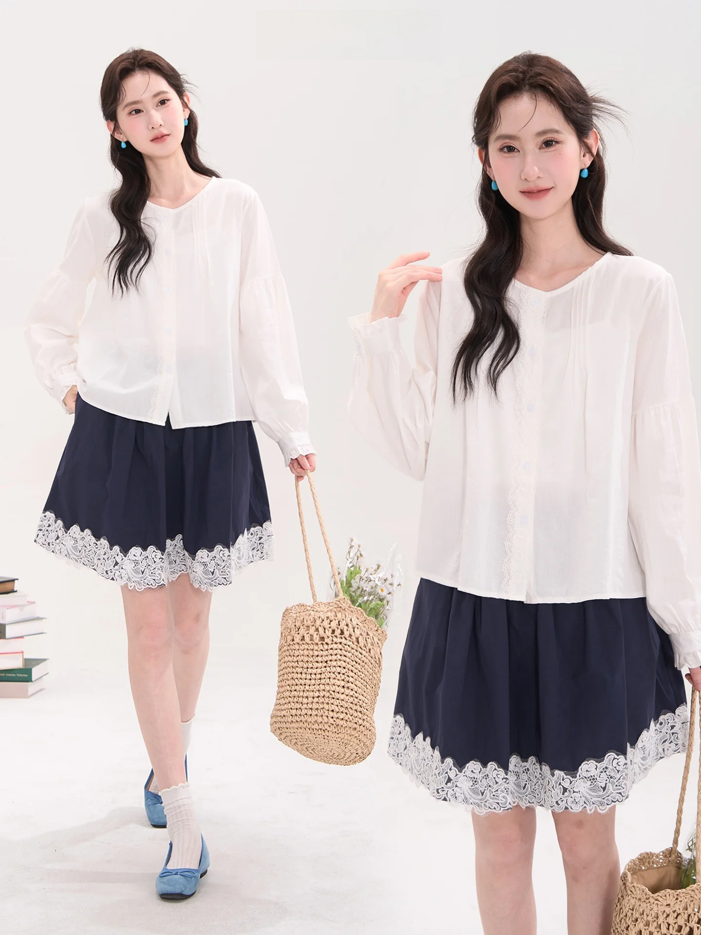 

Женская блузка Heme Spring Bellflower с кружевом и длинными рукавами, круглым вырезом, белая, повседневная, из смесового хлопка, устойчивая к деформации