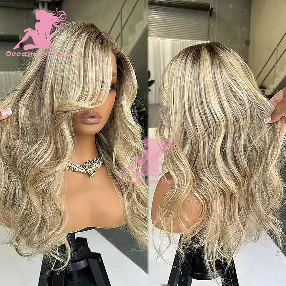 Natural Wave Brasileira Virgem Perucas de Cabelo, Destaque Marrom, Loiro Platina, 13x6 Lace Frontal Perucas, 100% Cabelo Humano, Renda Transparente