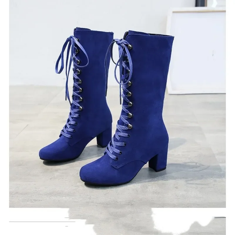 2023 Black Boots Women Shoes Knee High Women Casual Vintage Retro Mid-Calf Boots Lace Up Thick Heels Shoes