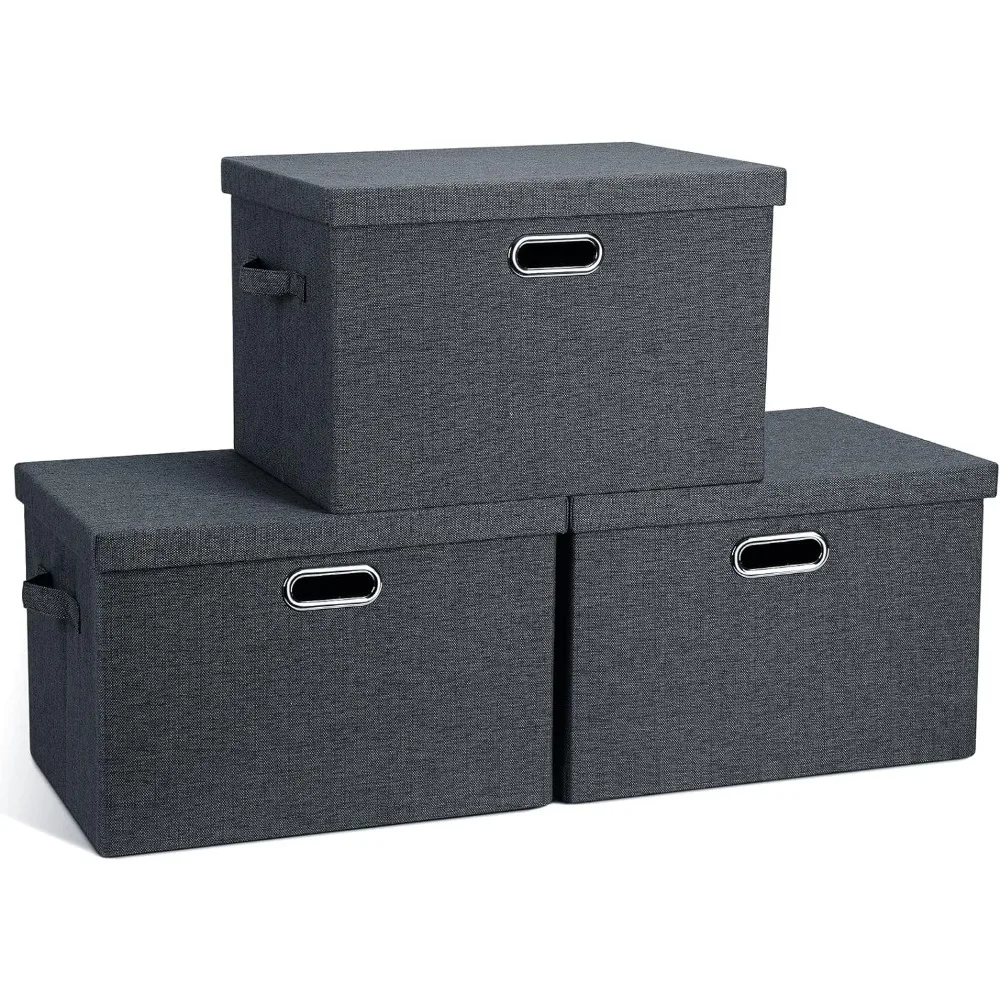 

Large 17" 36 Quart Collapsible Stackable Storage Bins with Lids, 3 Packs Dark Gray Foldable Fabric Closet Storage Boxes