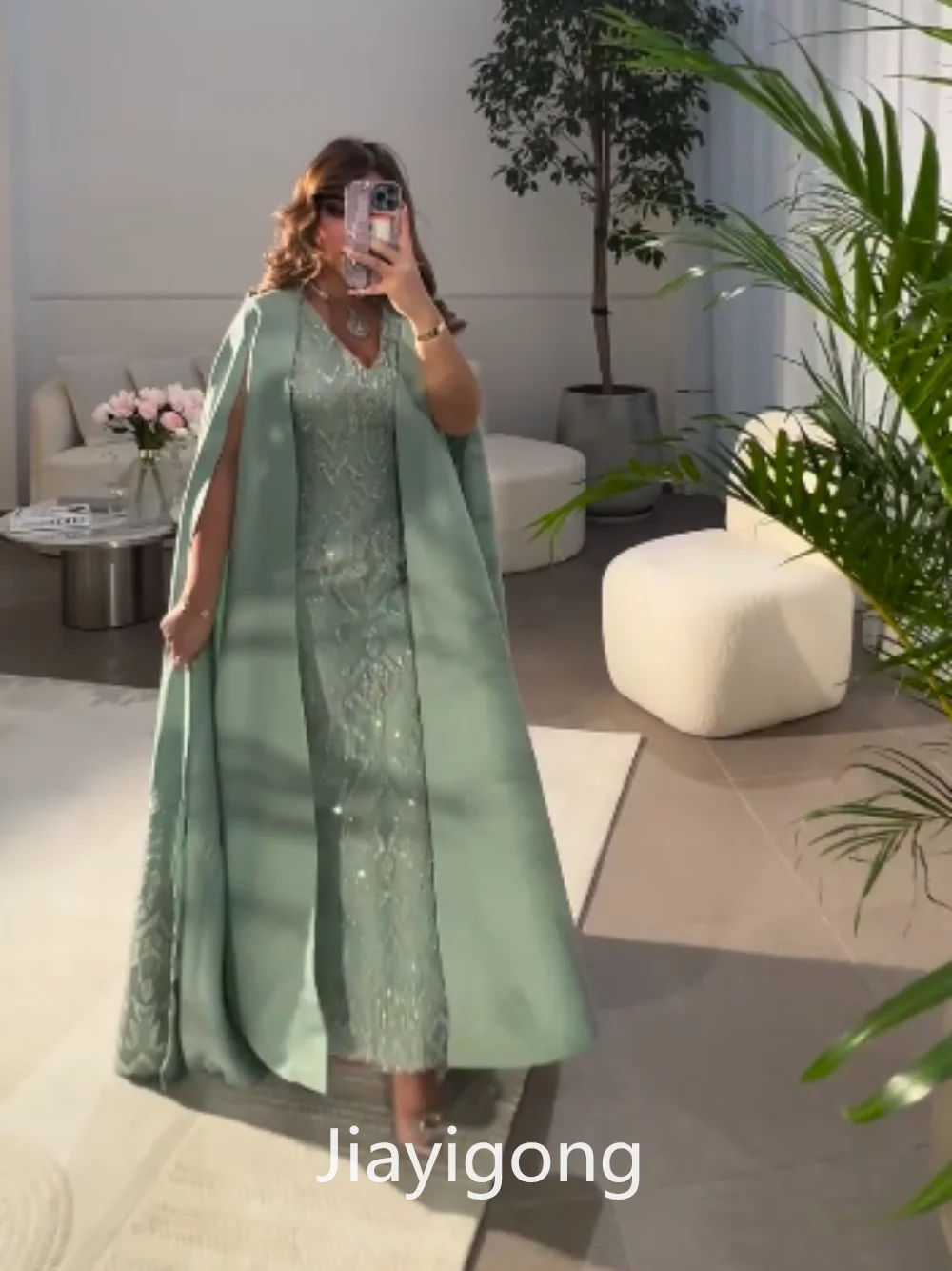 Jiayigong-vestido Midi de satén con cuentas para fiesta, traje con escote en V, a medida, Arabia Saudita