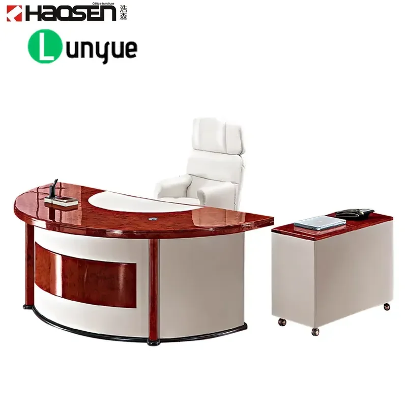 White Luxury Wood Semicircular Desk Leather Wrapped Office Table Modern Executive Writing Computer Workstation for Home