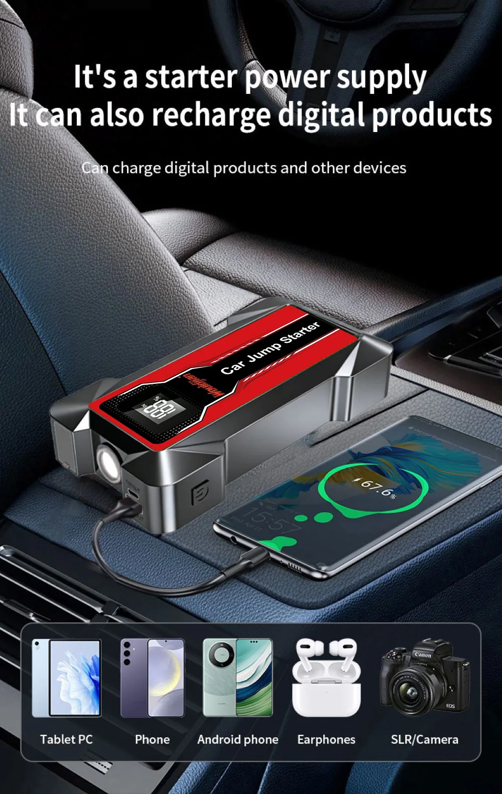12V Portable Jump Starter Power Bank, Fast Charging with Emergency LED Light, Car Battery Booster for Petrol Diesel Auto SUV