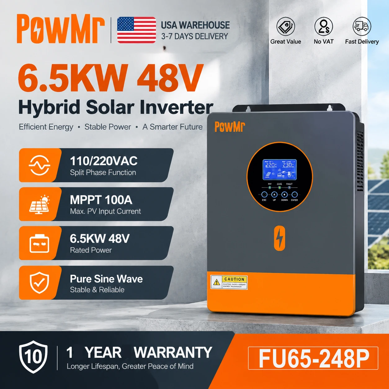 PowMr 6500W 48V Hybrid Solar Inverter Split Phase 120V/240V Pure Sine Wave With 120A MPPT Charger Controller Compatible LiFePO4 Lead Acid Battery Max PV 7200W Power 500Vdc Input Off Grid UPS Inverter for Home Cabin Tiny House RV Solar Backup System