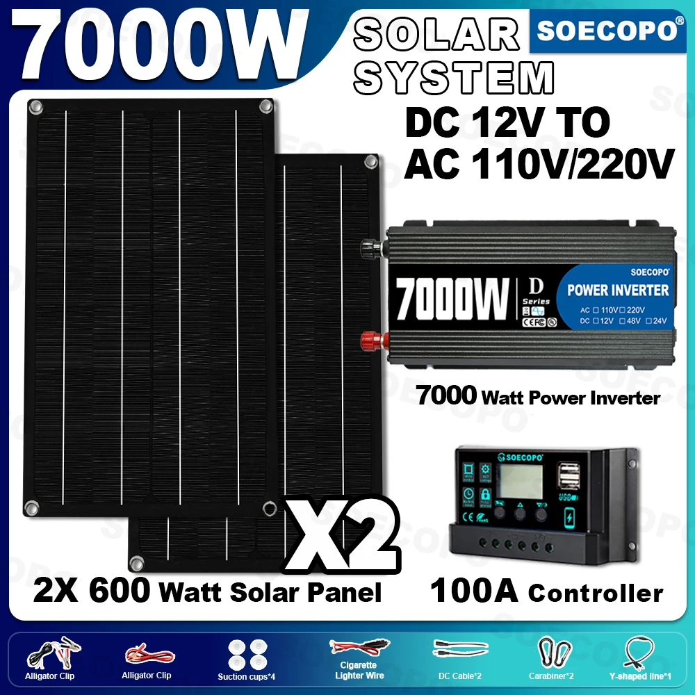 SOECOPO Portable 7000W Peak Solar System Kit 2×600W Panels DC 12 To AC 110V/220V Inverter and 100A Controller for Home Camping