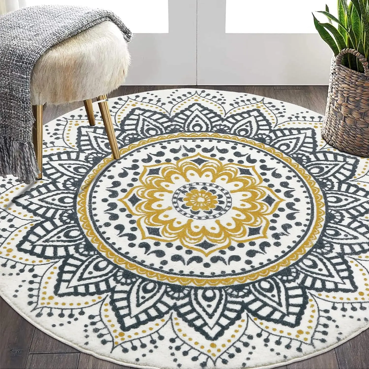 Bohemian Mandala Flowers Round Rugs Living Room Non Slip Indoor Floor Mats Bedroom Bedside Foot Mat Chair Mat Home Decor Carpets