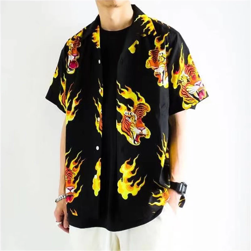 

Flame Tiger Head Printing Hawaii Beach Short Sleeve Shirt Men Woman High Quality Loose Summer Tops Tee