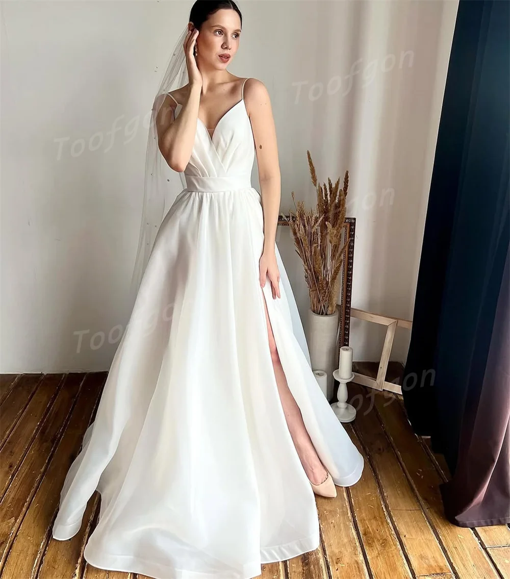 투프곤 A라인 오간자 웨딩드레스 롱 V넥 하이 슬릿 신부 웨딩 사진 촬영 정장 파티 브라이덜 가운 맞춤 제작 2025