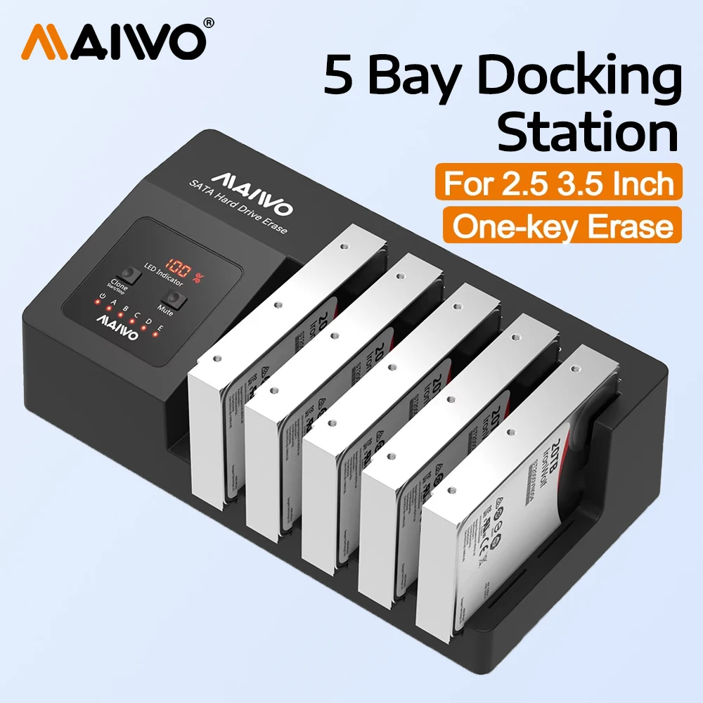 MAIWO 5 Bay 2.5 3.5 Inch SATA HDD SSD Enclosure  with One-key Erase 120TB USB 3.0 External Hard Drive Case with Digital Display