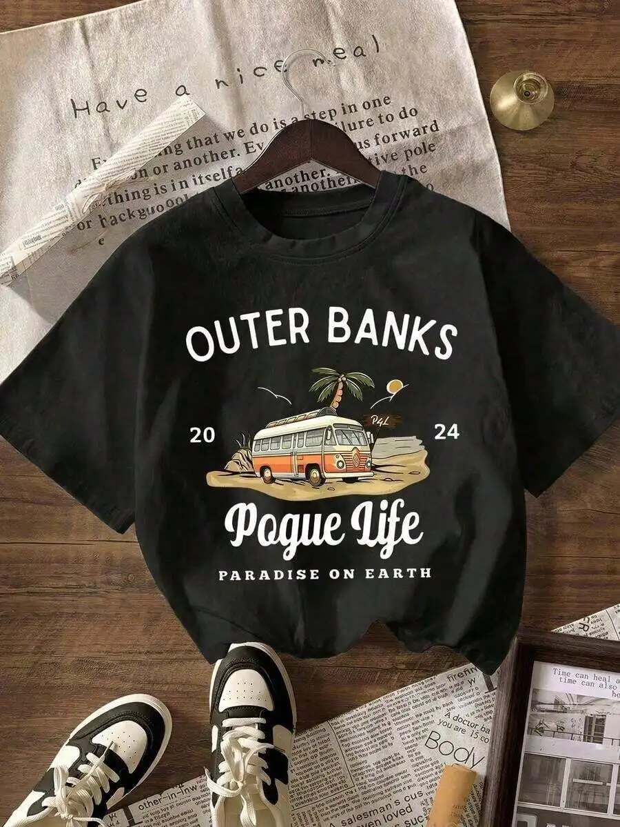 

Outer Banks Graphic Print Casual Round Neck Short Sleeve T-Shirt Paradise On Earth