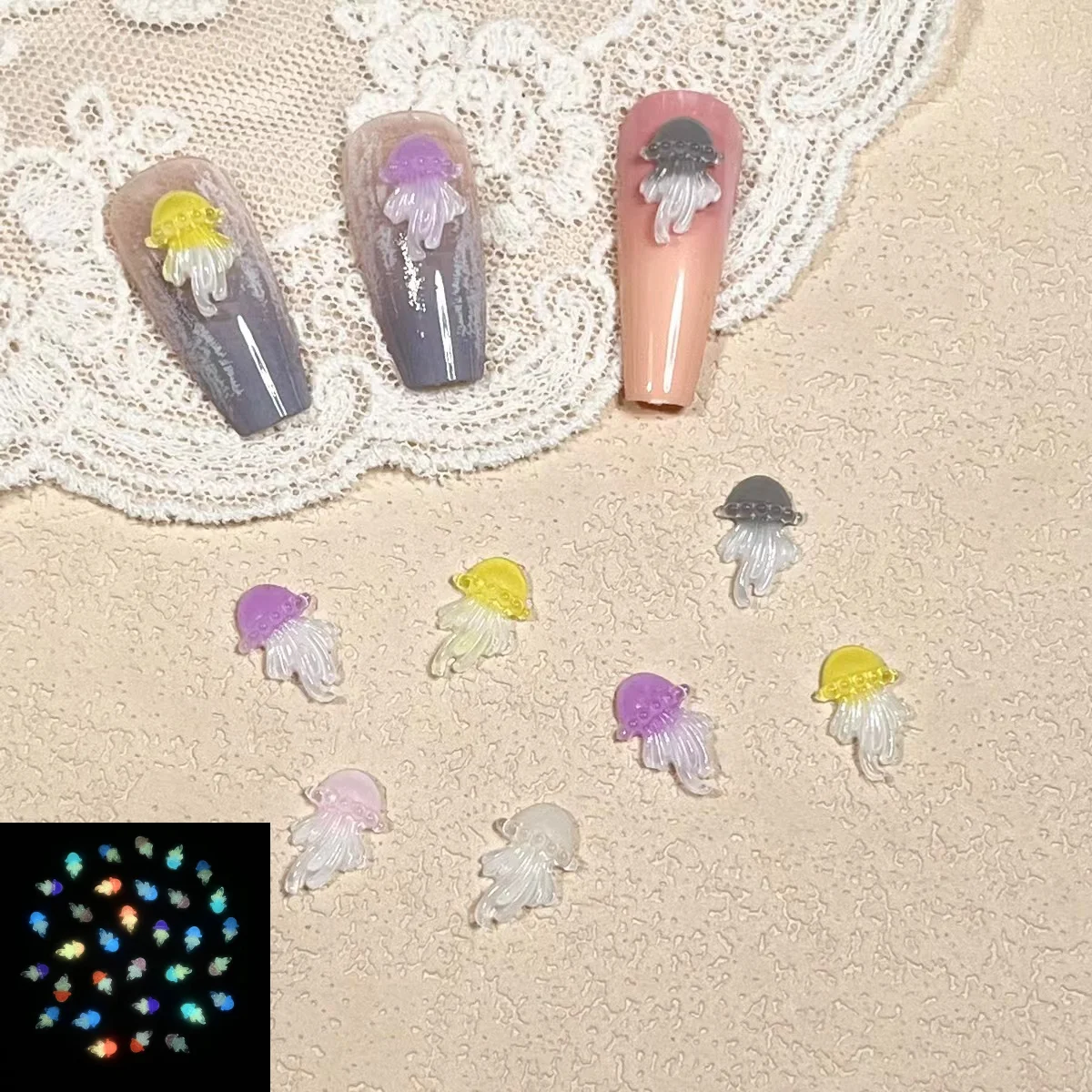 Two Color Luminous Cartoon Jellyfish Parts 3d Nail Charms Aquatic Animal Rhinestones Gems Glitter Kawaii Manicure Decoration