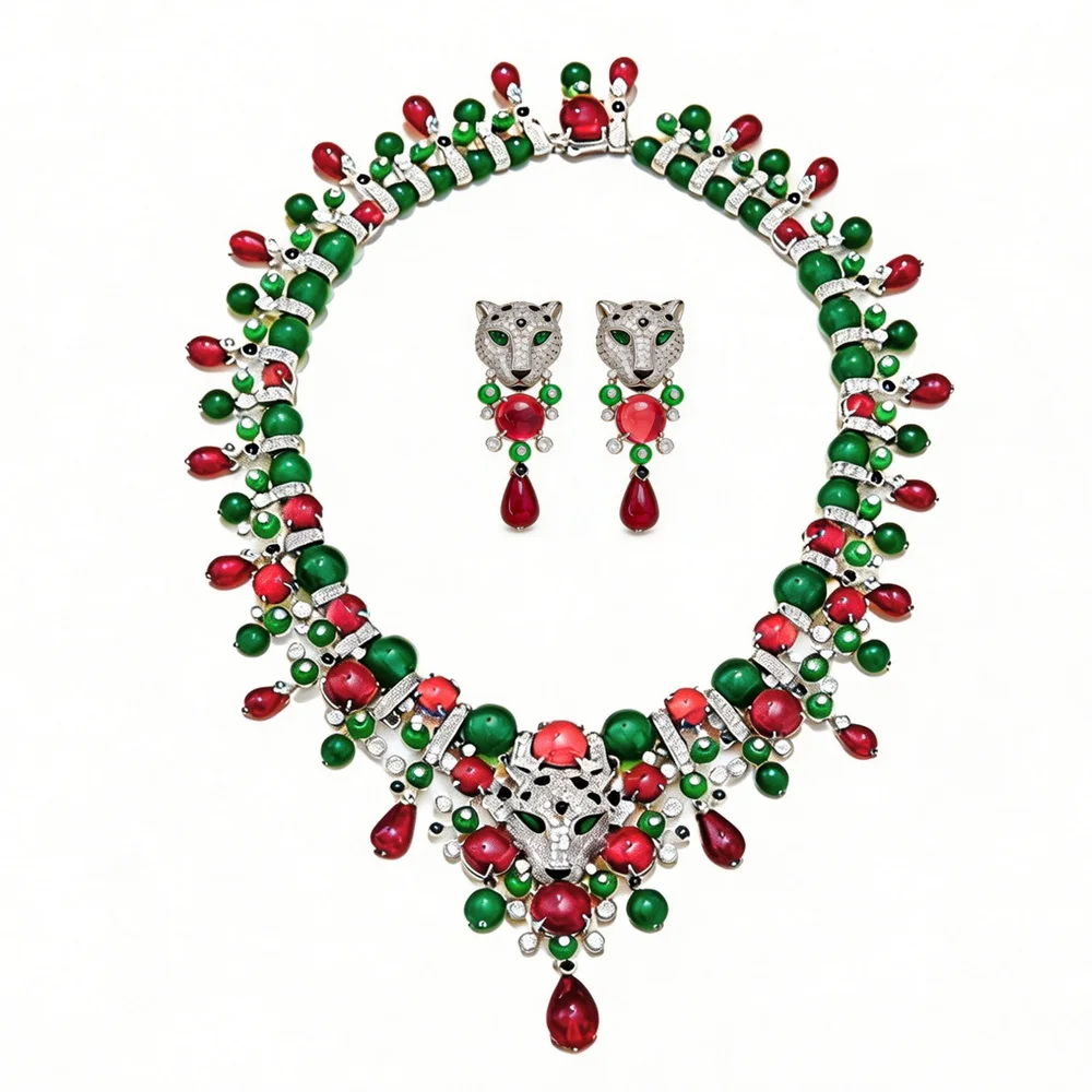 Designer Luxury Fashion Style Earrings Necklace Women Lady Inlay Cubic Zircon Red Green Bead Leopard Tassels Party Jewelry Sets