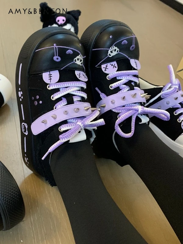 

Japanese Sweet Cool Girl Cute Platform Canvas Shoes Cartoon Embroidery Lolita High Heels Women's Subculture Gothic Rivet Shoes