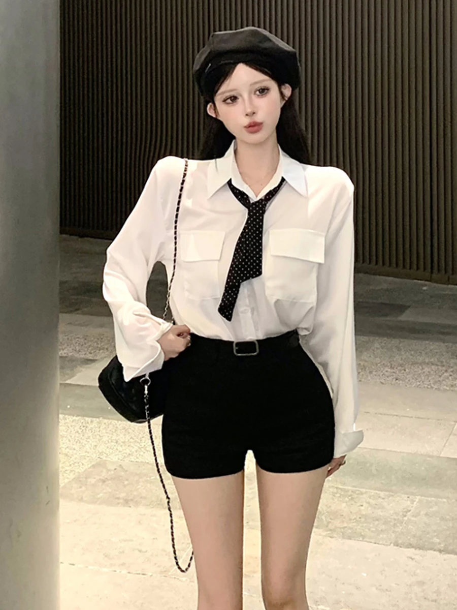 

Ele High Waist ort Pants Set with Long Sve White irt And Tie Casual Versatile Faionable Girl Student Work orm
