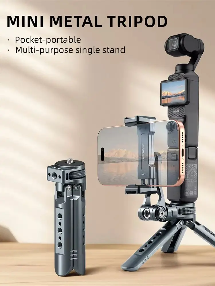 LEAPLIGHT Aluminiowy Mini Statyw do DJI Osmo Pocket 3/4/4P/360LunaUltra, Statyw do Kamery, Uchwyt Ręczny z Obrotem 360° ° Głowica kulowa + Stojak na telefon — 2