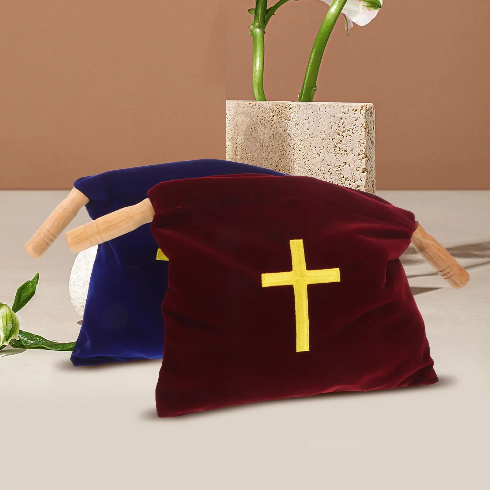 2Pcs Church Offering Bags with Wooden Handles Elegant Embroidery for Communion First Holy Sacrament Worship Service