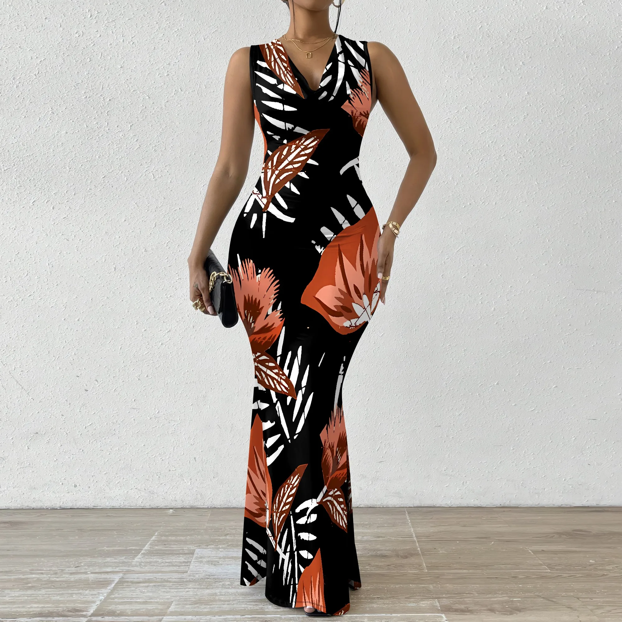 

Nupusa Tropical Leaf Print Dress for Women Regular Size Summer Casual Sleeveless Mermaid Dress
