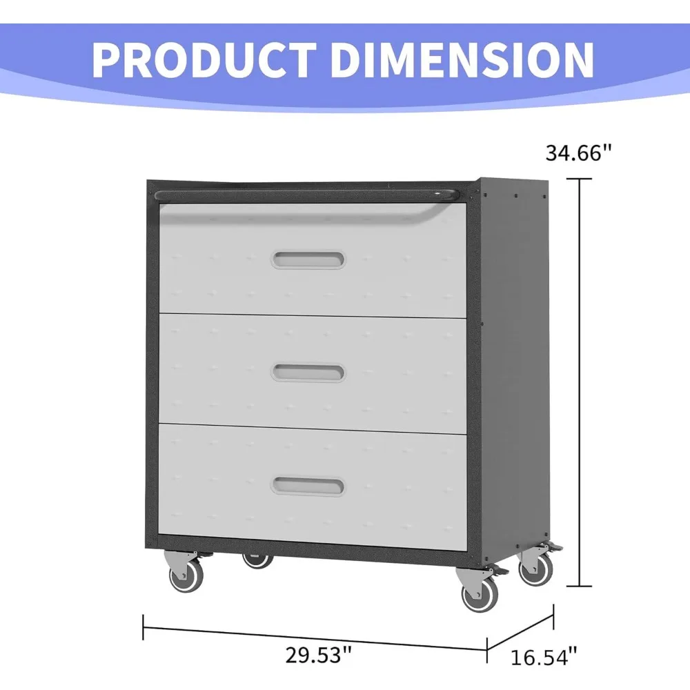 خزانة أدوات فولاذية متنقلة شديدة التحمل وقابلة للقفل مع 3 أدراج لتخزين وتنظيم المرآب