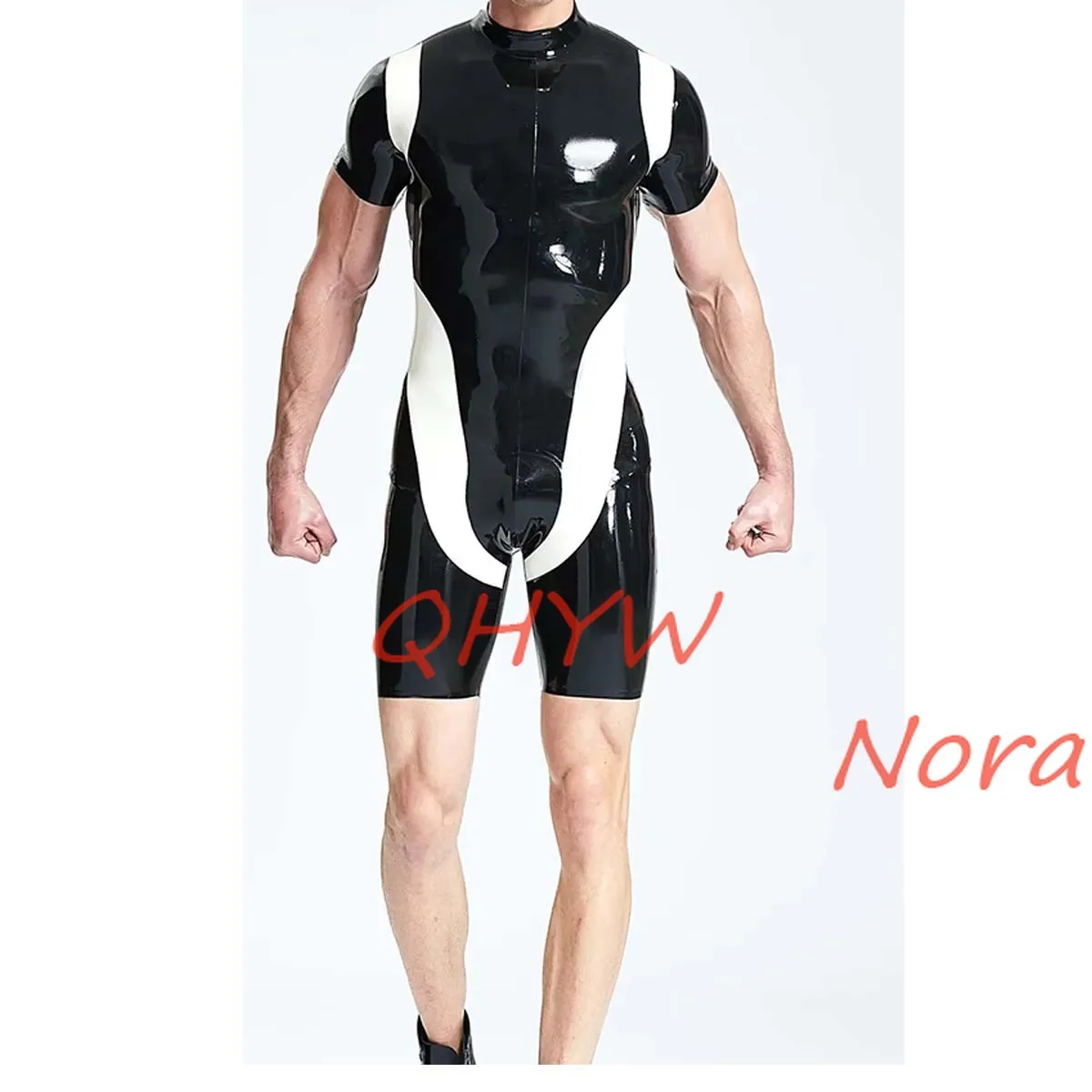 Natürlicher Latex-Catsuit für Herren, Gummi-Bodysuit, schwarz mit weiß, handgefertigt, kurzärmelig, Halloween-Cosplay-Kostüme, maßgeschneidert