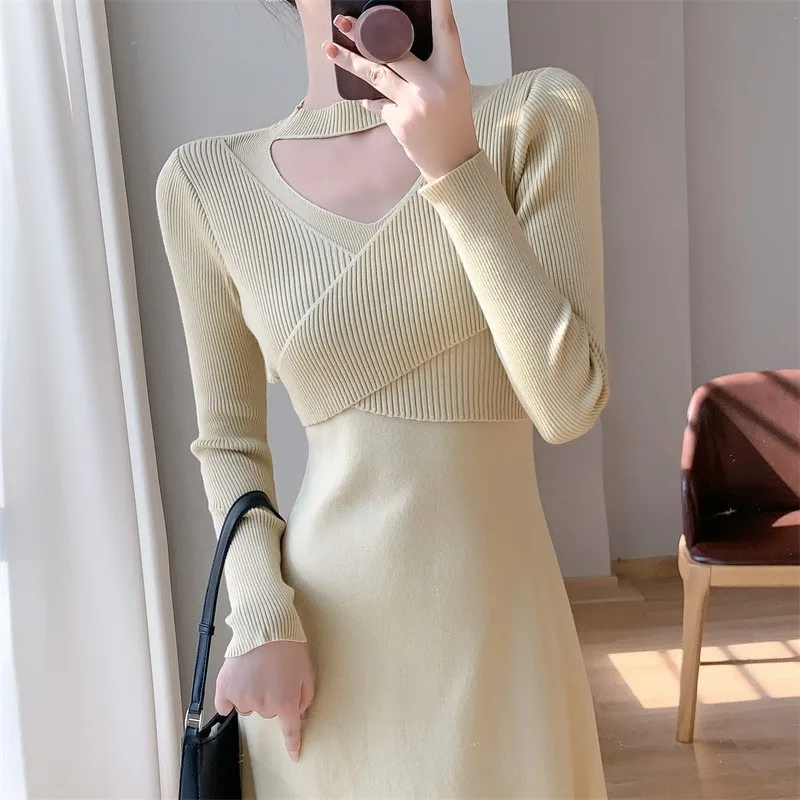 

Autumn Winter Warm Knitted Dress Women Fashion Commuter Hanging Neck Slim Long-sleeved Waist Sexy Knee-length Mid-calf Dresses