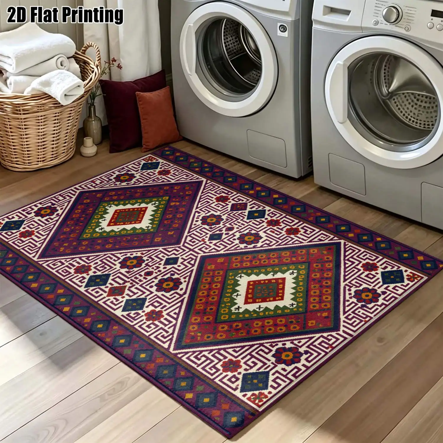 1Pc 2D Printed Retro Bohemian Geometric Vintage Carpet, Multi-Size Machine-Washable Home Decor for Entrance, Dining, Bedroom, Living Room, Study